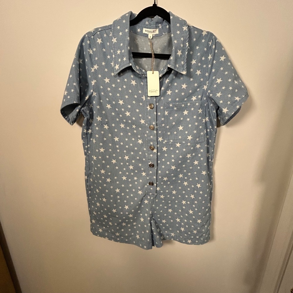 Wishlist‎ Womens Star Print Denim Romper Cotton S Light Blue White Celestial New